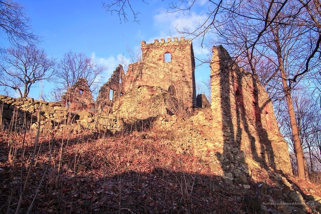 Zamek Lipa - widoczna baszta i fragmenty murów obronnych 
