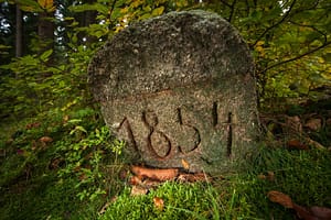 1854 - kamień wiekowy z rytem 1854 na skrzyżowaniu leśnych dróg na zboczach Olszynki, pomiędzy Przesieką a Jagniątkowem 